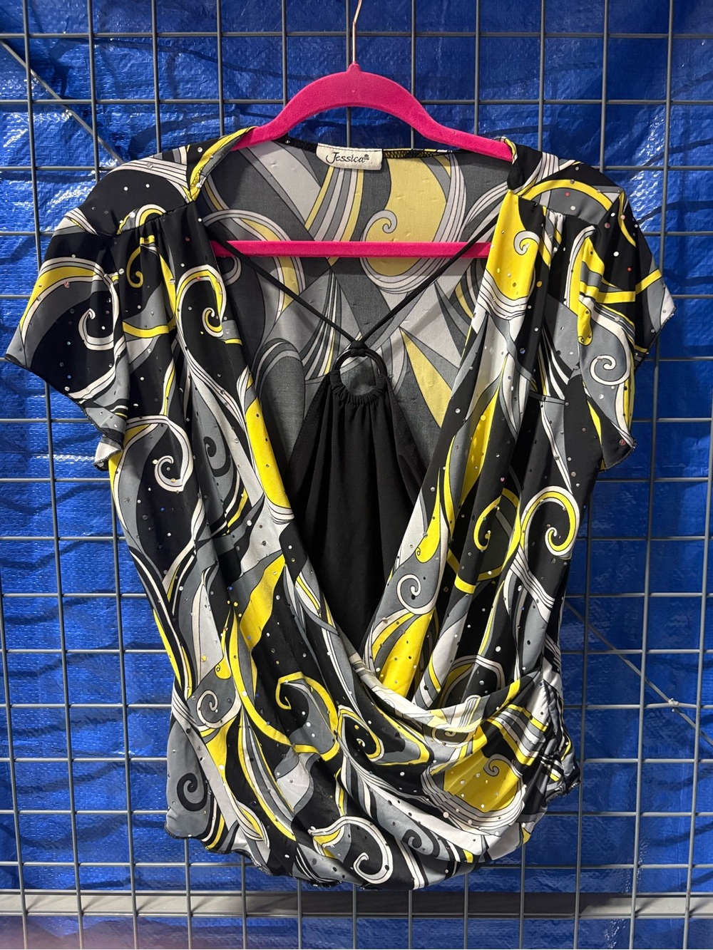 Jessica Yellow & Black Abstract Surplice Top